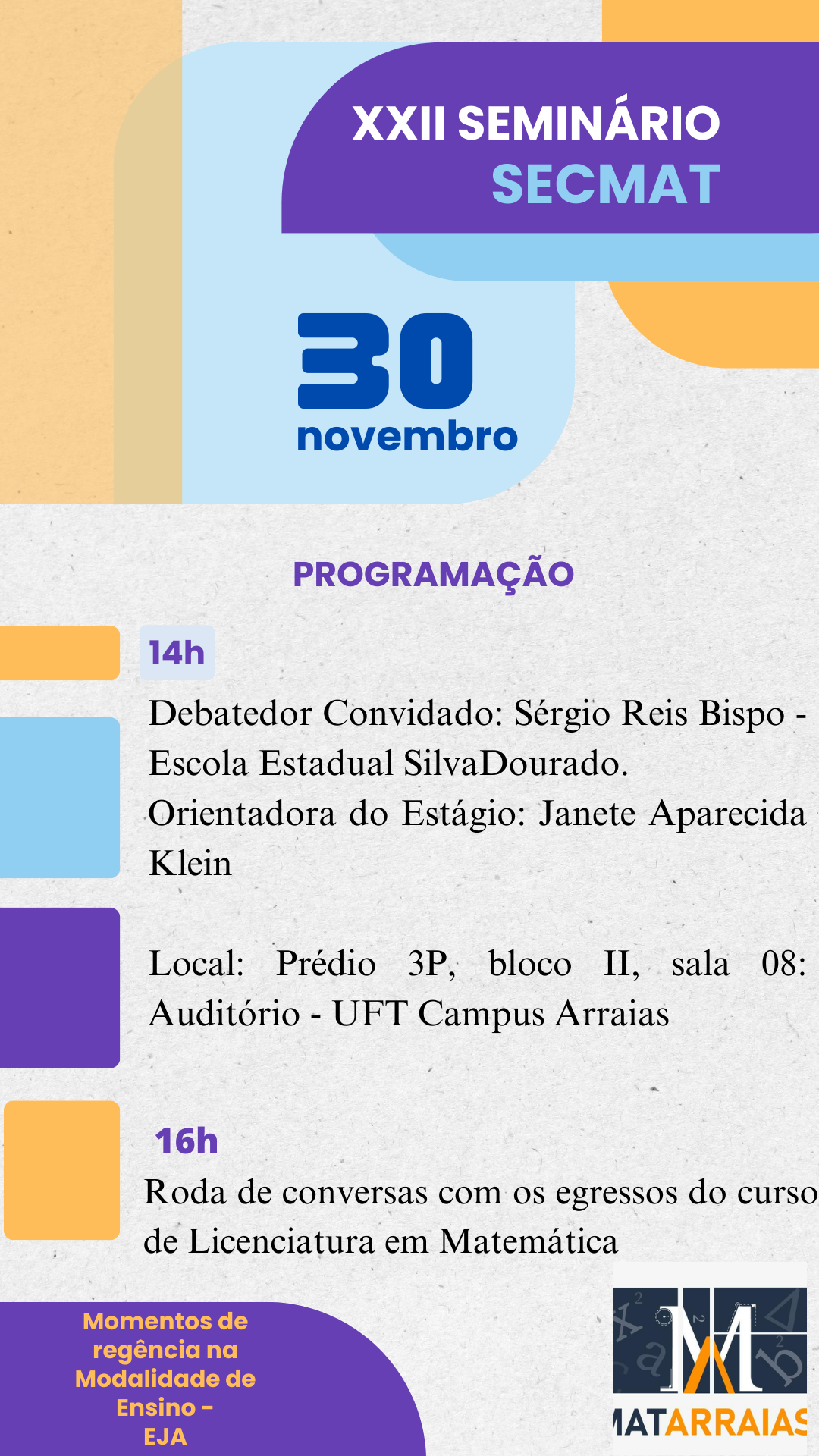 banner da atividade Roda de conversas Egressos: Alteridade do pensarfazer dos professores e professoras que ensinam matemática na educação básica do Tocantins