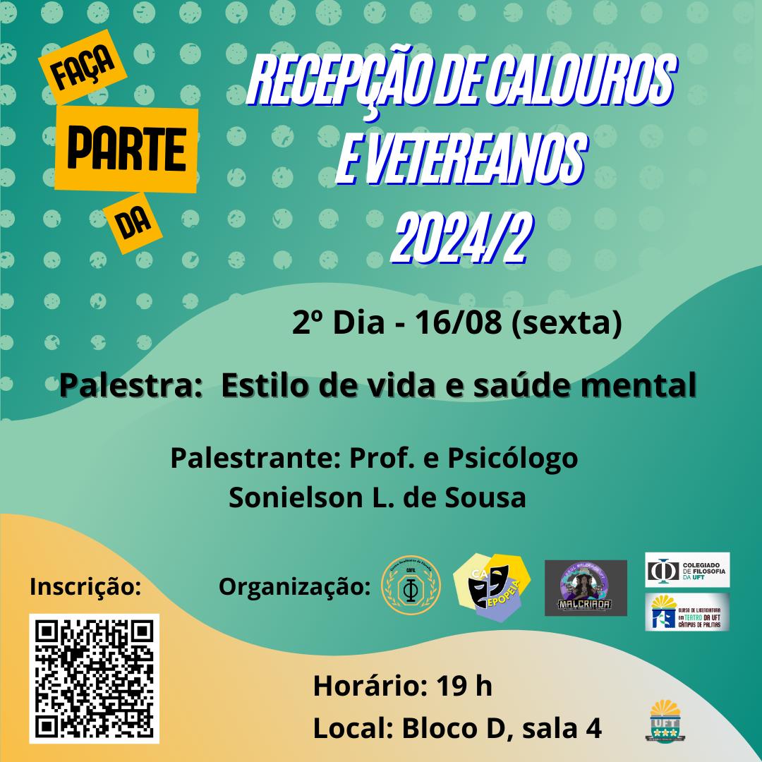 banner da atividade Recepção de Calouros 2024/2 - Palestra: Estilo de vida e saúde mental