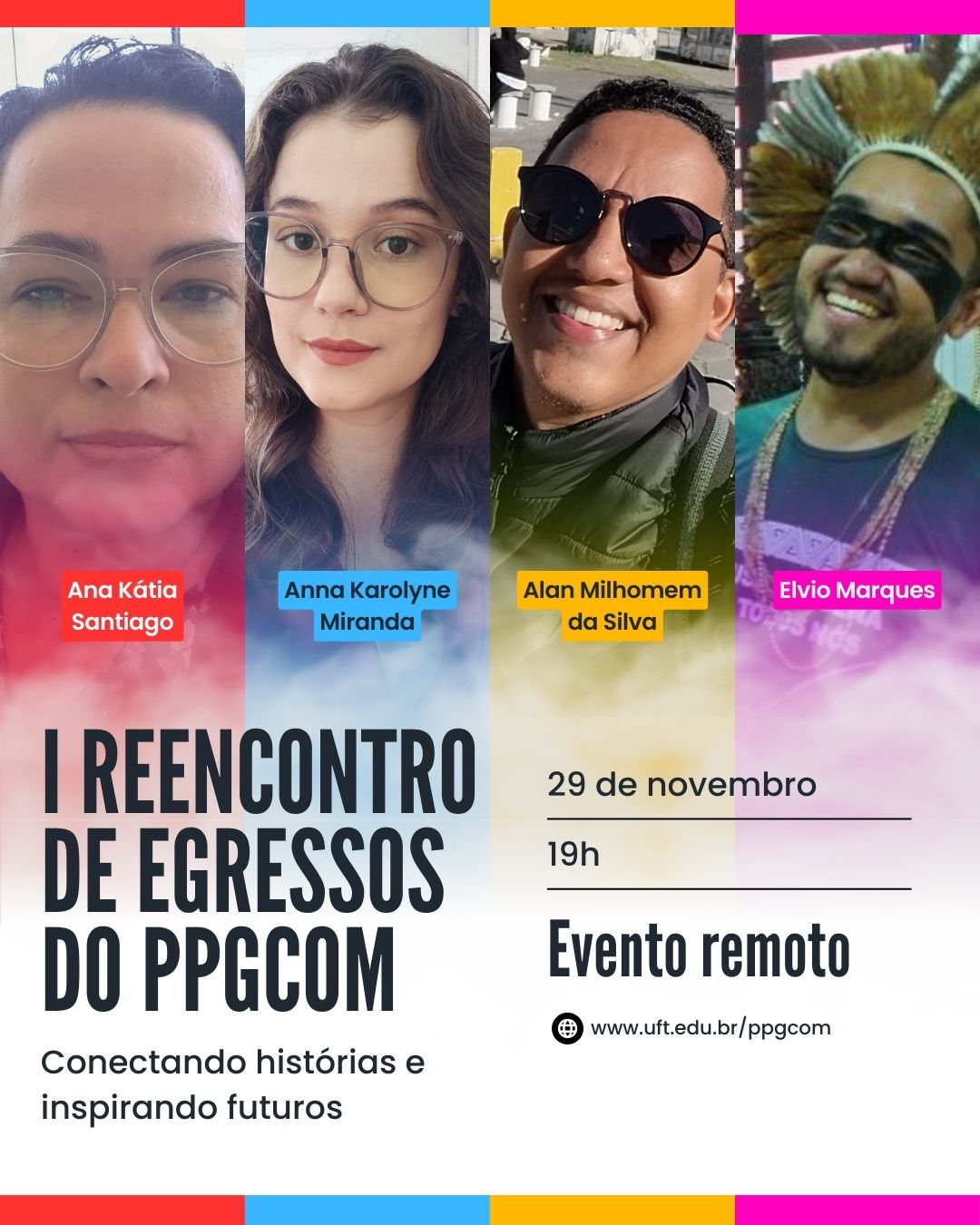 banner da atividade Palestra com egressos Alan Milhomem Ana Kátia Santiago Anna Karolyne Miranda e Elvio Marques