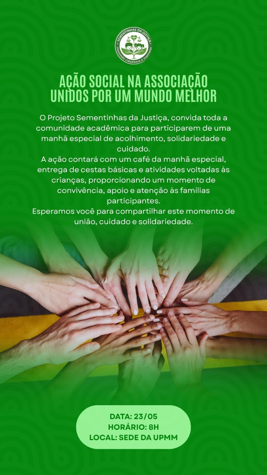 banner da atividade Ação Social do Projeto Sementinhas da Justiça