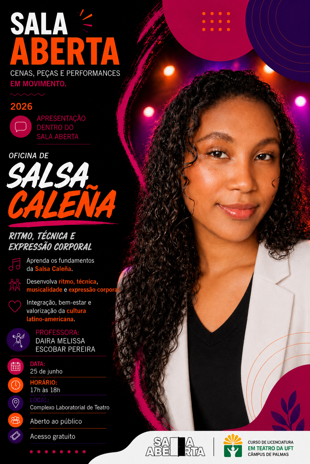 banner da atividade Oficina: Salsa Calea Ritmo Técnica e Expressão Corporal
