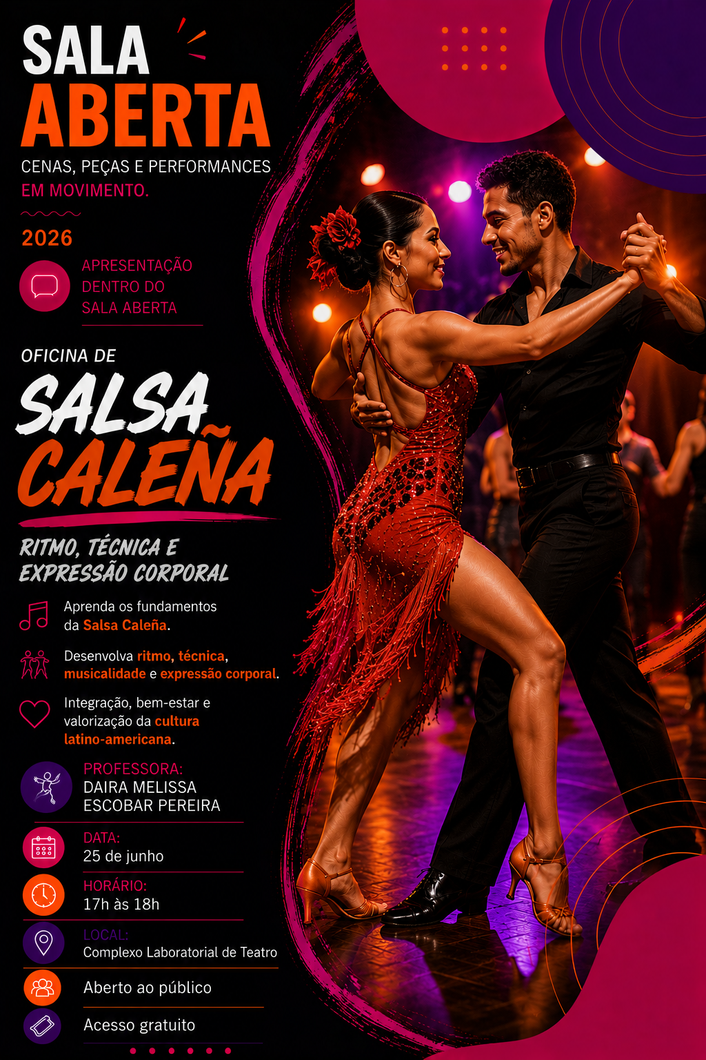 banner da atividade Oficina: Salsa Calea Ritmo Técnica e Expressão Corporal