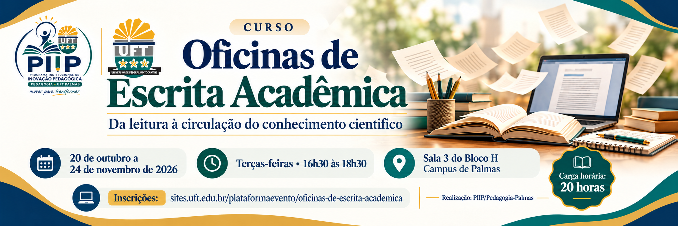 banner da atividade Oficinas de Escrita Acadêmica - Aula 1 - 20/10/2026