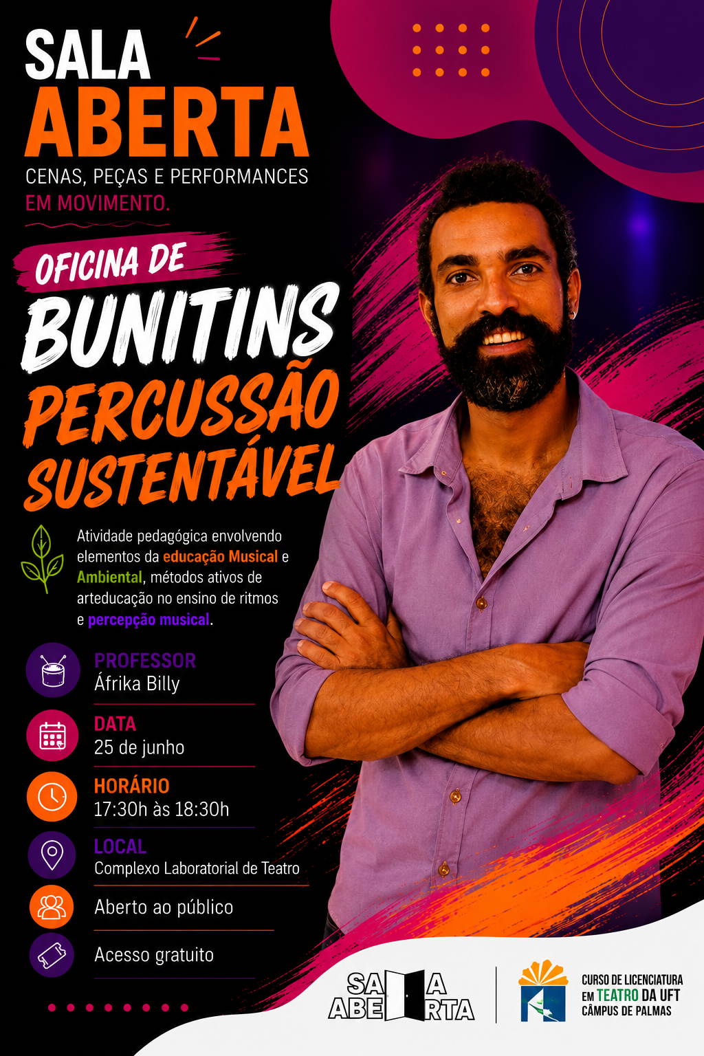 banner da atividade Oficina: Bunitins percussão sustentável
