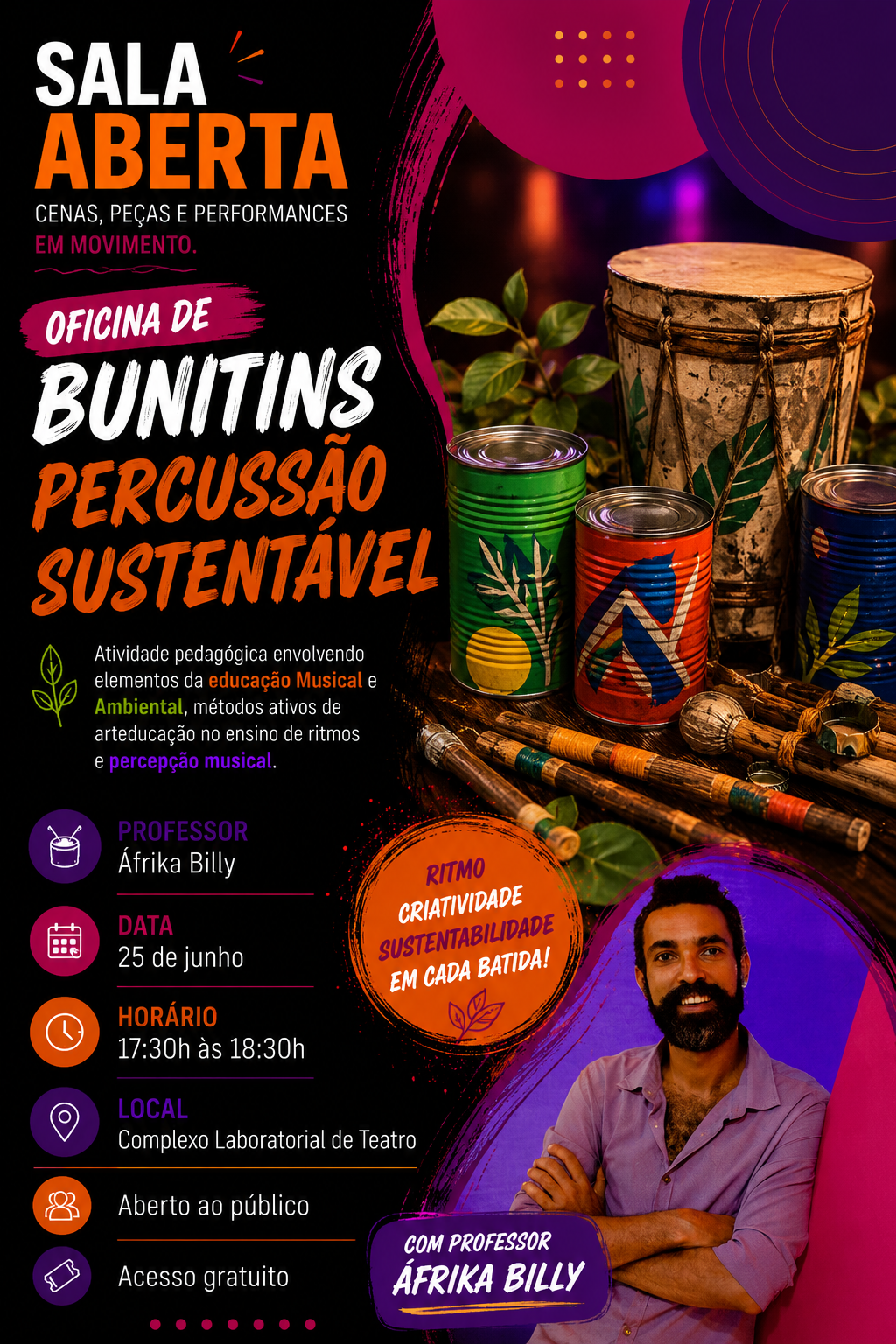 banner da atividade Oficina: Bunitins percussão sustentável