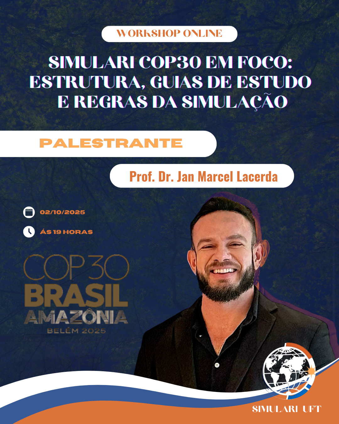 banner da atividade II Workshop - SimulaRI COP30 em foco: Estrutura Guias de Estudo e Regras da Simulação