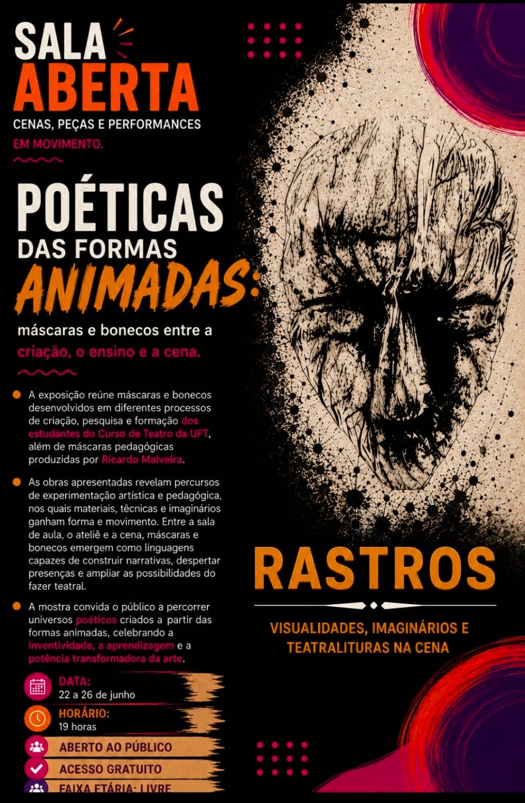 banner da atividade POÉTICAS DAS FORMAS ANIMADAS máscaras e bonecos entre a criação o ensino e a cena
