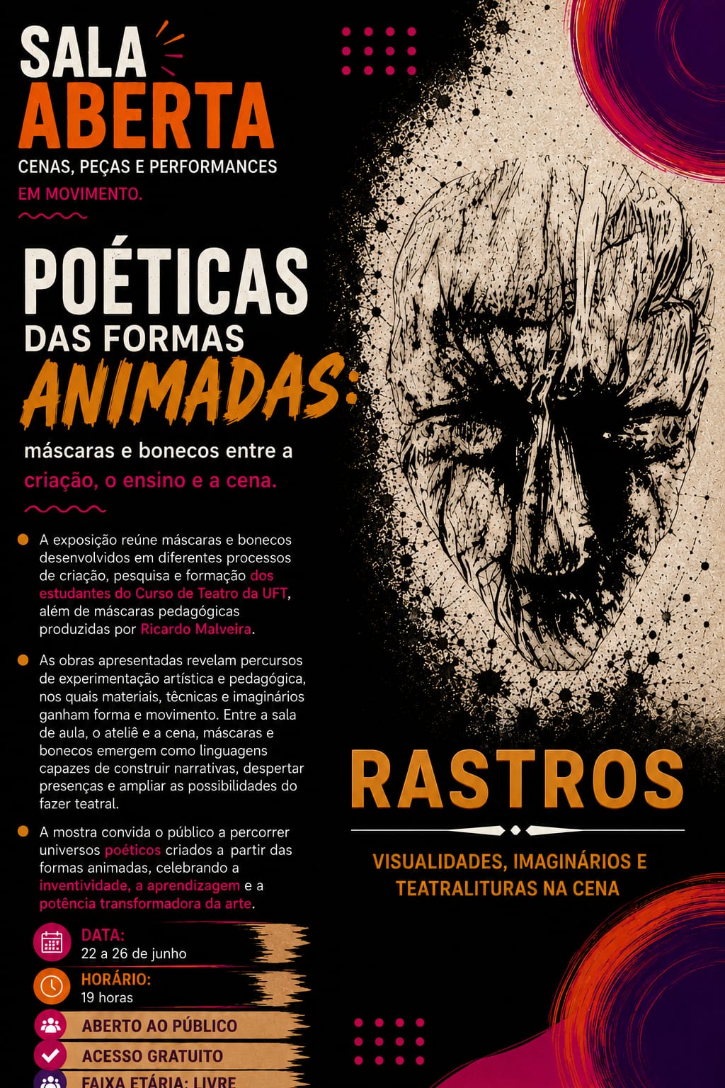 banner da atividade POÉTICAS DAS FORMAS ANIMADAS máscaras e bonecos entre a criação o ensino e a cena