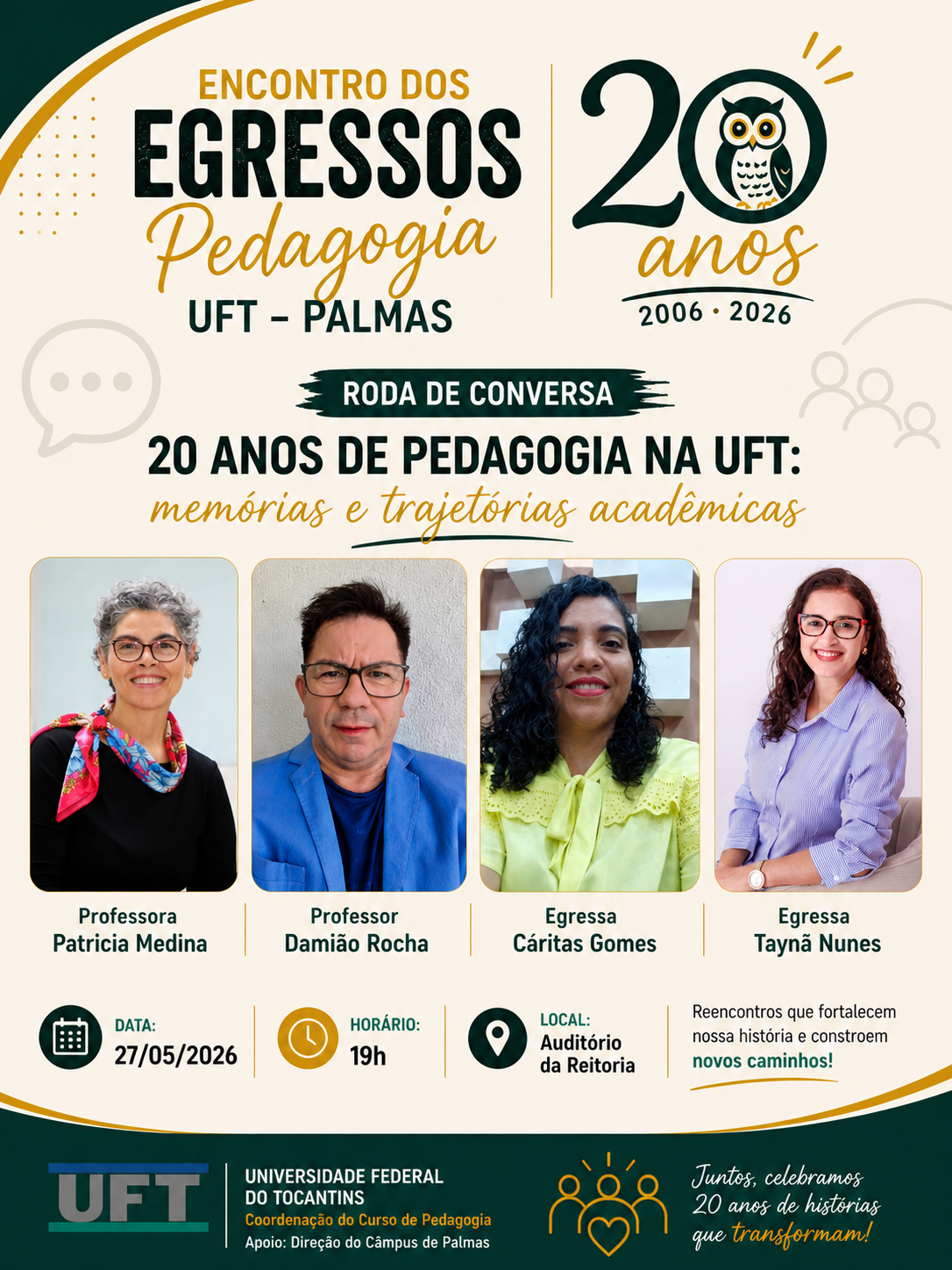 banner da atividade Roda de Conversa 20 anos de Pedagogia na UFT memórias e trajetórias acadêmicas