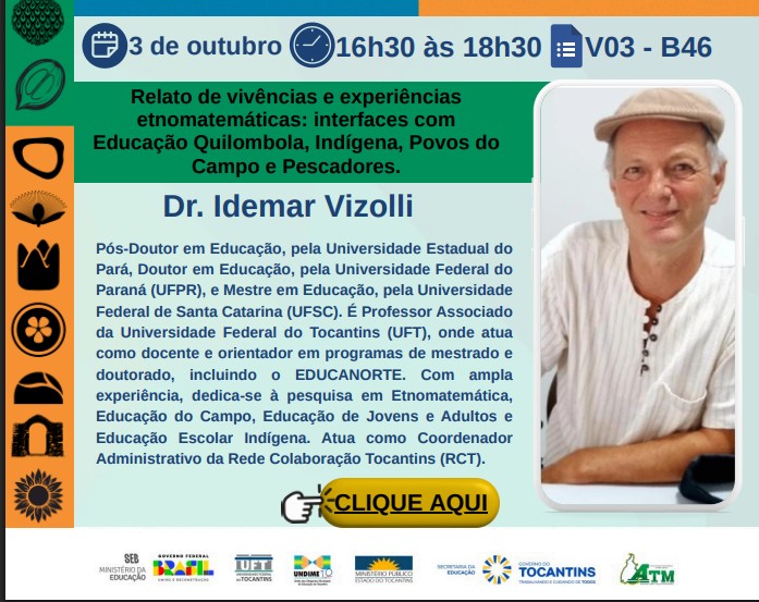 banner da atividade Relato de vivências e experiências etnomatemáticas: interfaces com Educação Quilombola Indígena Povos do Campo e Pescadores