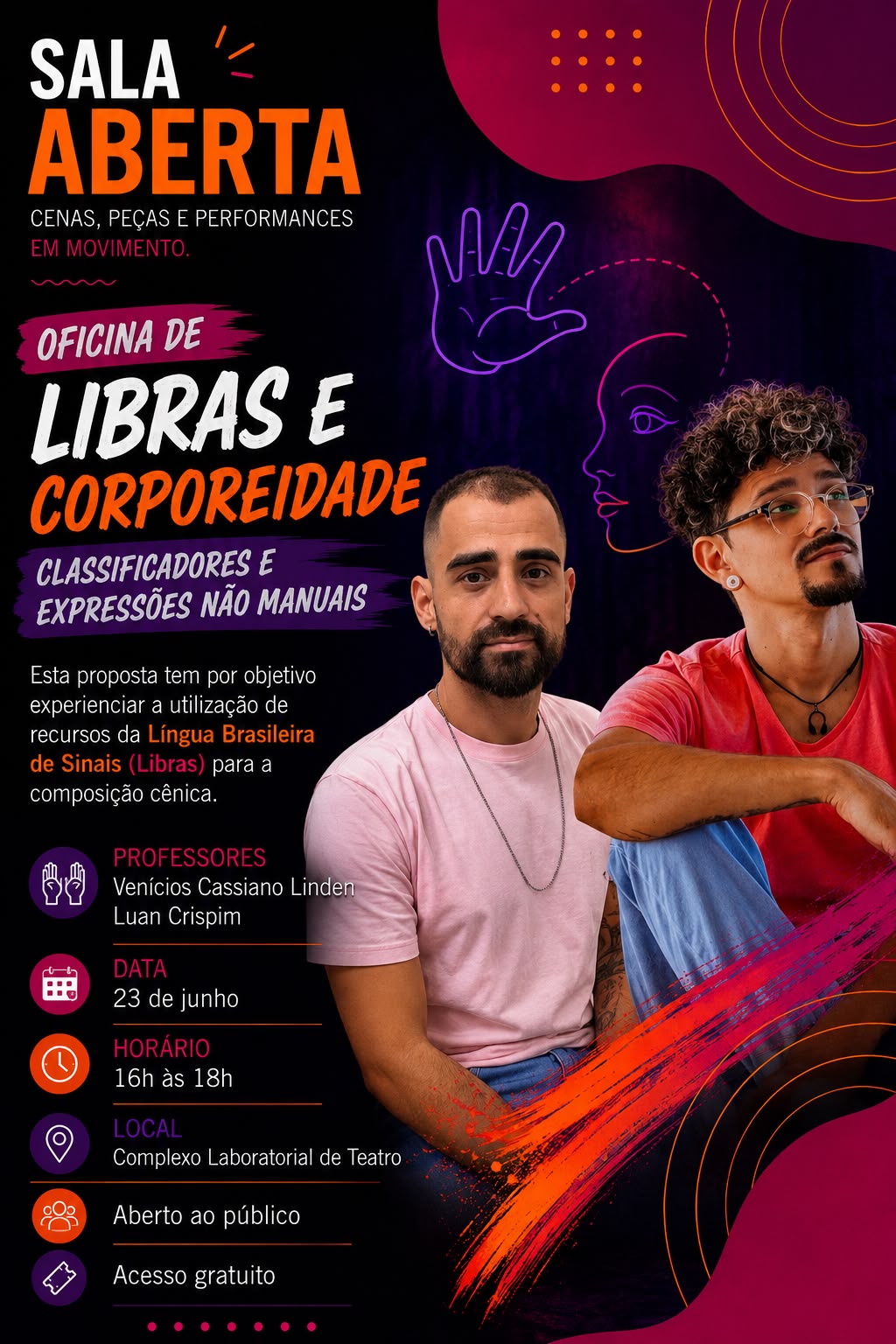 banner da atividade Oficina: Libras e corporeidade classificadores e expressões não manuais
