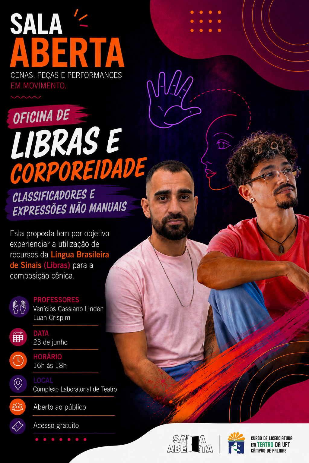 banner da atividade Oficina: Libras e corporeidade classificadores e expressões não manuais